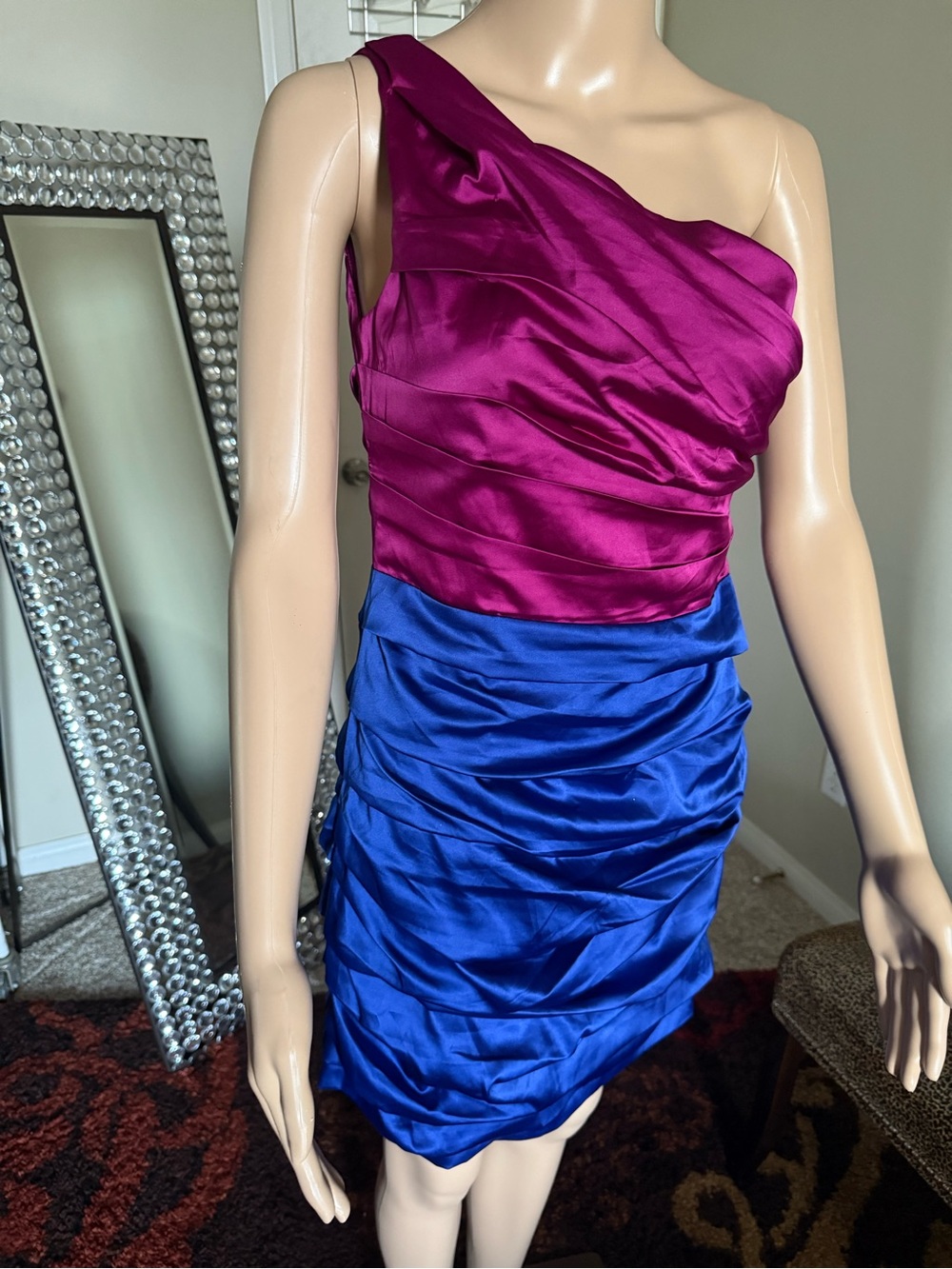 Express One-Shoulder Satin Dress in Fuchsia and Royal Blue